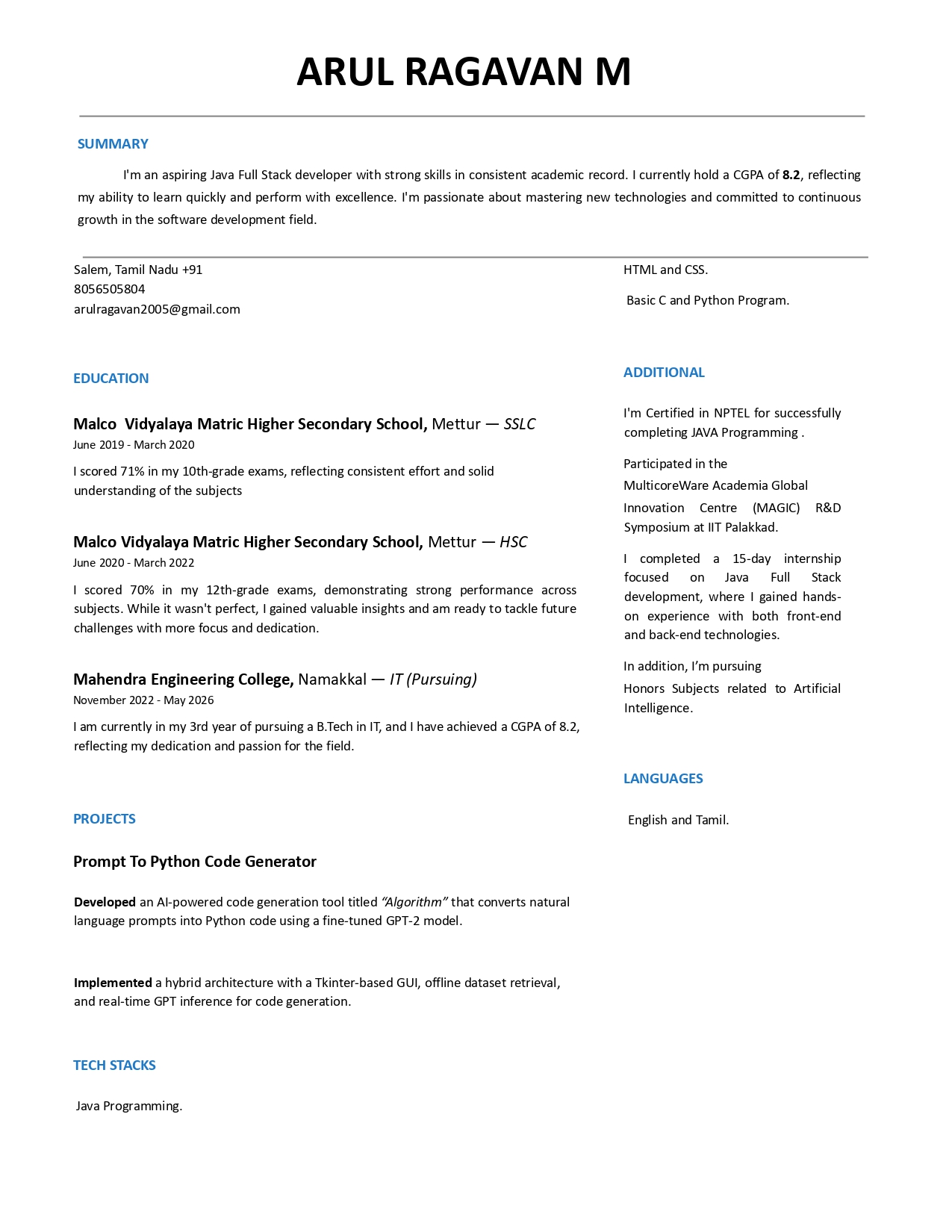 Arul Ragavan | Java Full Stack Developer